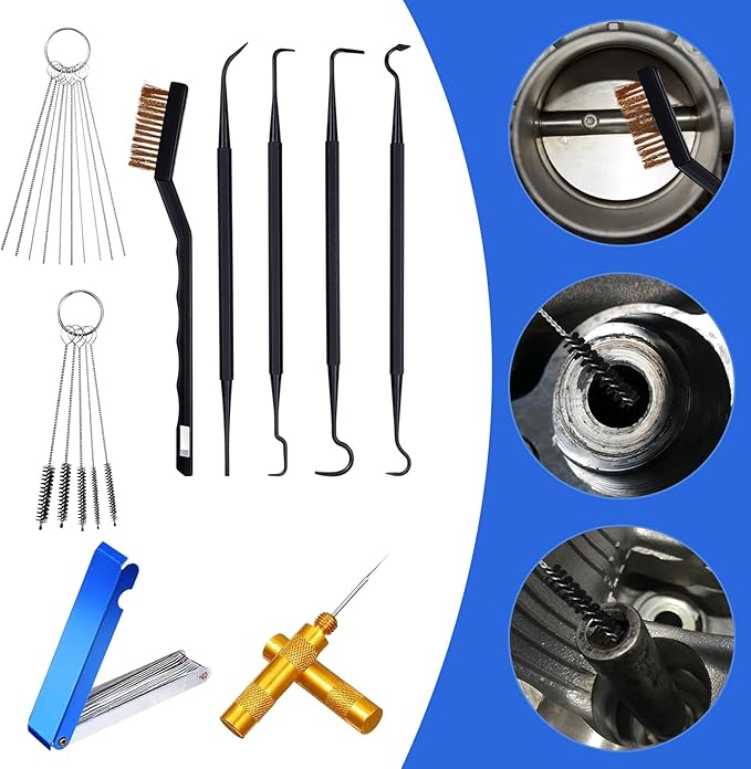 Tucnoeu Carburetor Cleaning Kit, 1 Single Head Brush 23 Needles 5 Nylon Brushes 1 Scraper and 4 Cleaning Hooks for Motorcycles, ATVs, Chainsaws, and Small Engines