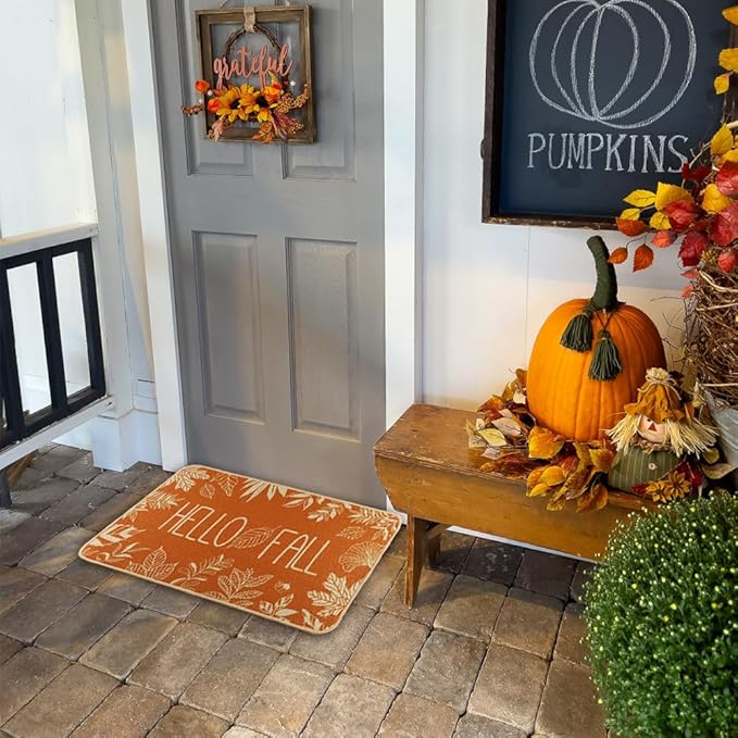 Hello Fall Door Welcome Mat, Autumn Thanksgiving Orange Outdoor Rug Leaves Decor Floor Non-Slip Entrance Mat for Home Kitchen Bathroom 17 X 29 Inch