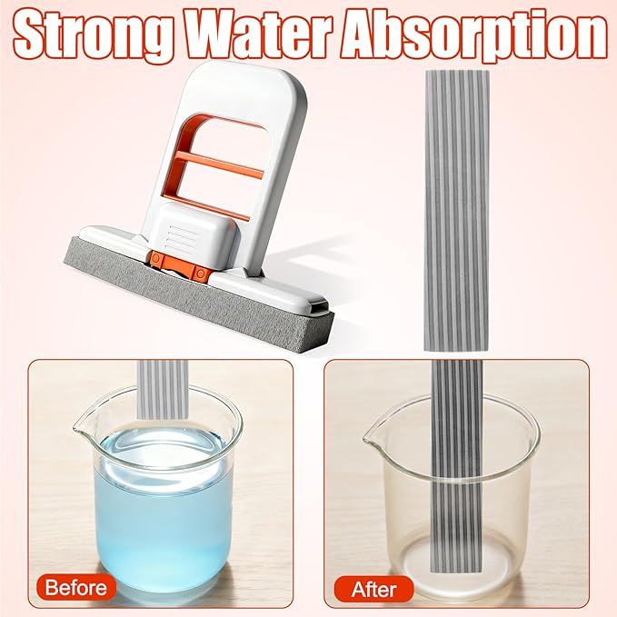 Juome Mini Foldable Desktop Mop - Portable Self-Squeeze Sponge Cleaning Tool, Wet and Dry Use Cleaning System, Mini Mop for Kitchen Counter, Bathroom, Glass (2 Sponge Head + 1 Squeeze Handle)