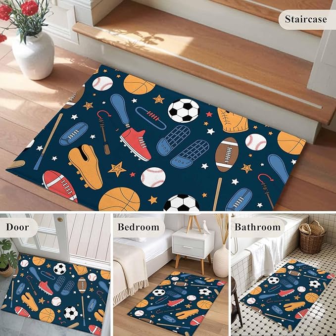 Cartoon Sports Entryway Rug 2'x3', Baseball Soccer Basketball Rugby Sneakers Small Area Rug Non-Slip Front Door Mat Washable Floor Carpet for Indoor Entrance Kitchen Bathroom