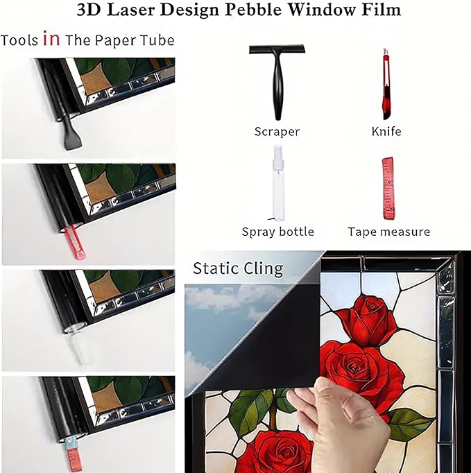 Red Rose Privacy Film Stained Glass Style Static Cling No Glue Decorative Panel Light Filtering Cover for Living Room Door Entryway 17.7x39.3 inch