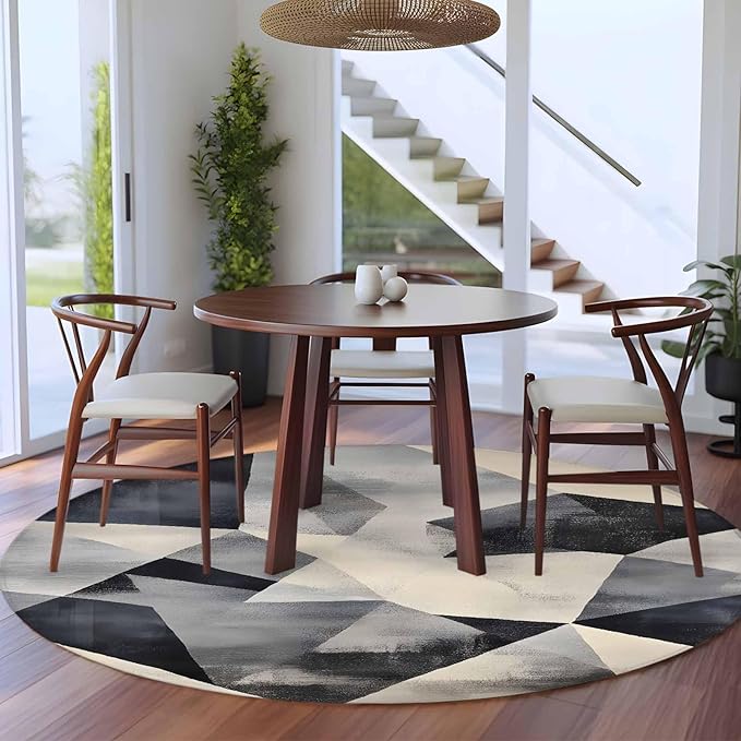Color Block Round Rug 6 Ft, Modernism Blue Beige Line Abstract Art Circle Area Rugs Washable Non Slip Indoor Floor Mats Carpet for Living Room Bedroom Dining Room Home Decor