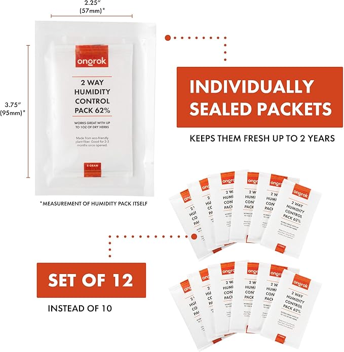 12 Pack of 2 Way Humidity Control Packs, Size 8, 62% RH by ONGROK, Each Pack for up to 1 oz
