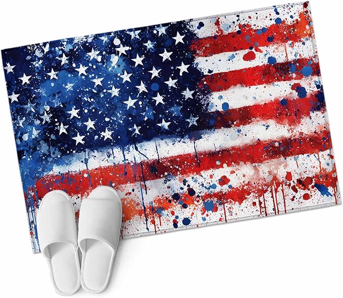 Mottled Red Blue White Stars Painted Flag Entryway Rug 2'x3', Small Area Rug Non-Slip Front Door Mat Washable Floor Carpet for Indoor Entrance Kitchen Bathroom