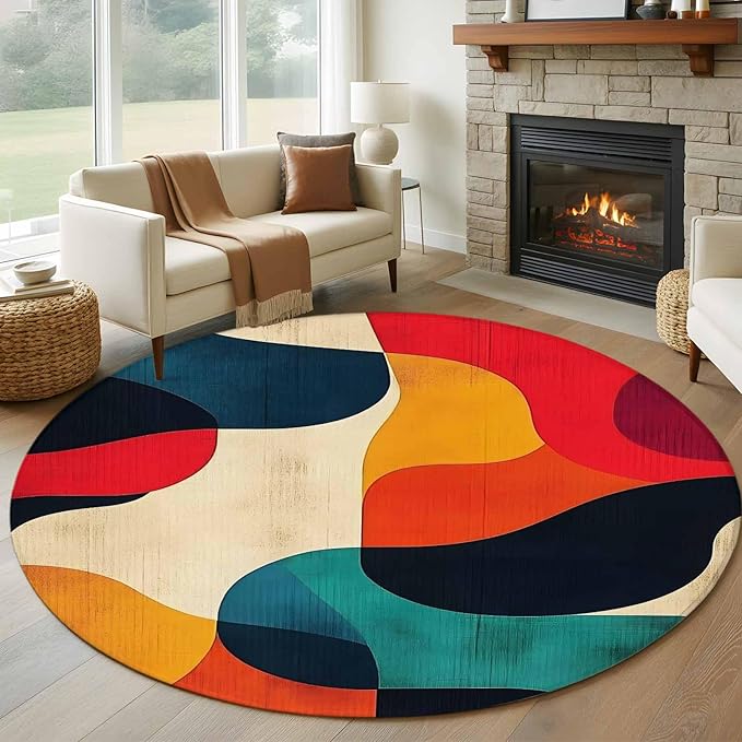 Abstract Art Round Rug 6 Ft, Impressionist Red Blue Color Block Circle Area Rugs Washable Non Slip Indoor Floor Mats Carpet for Living Room Bedroom Dining Room Home Decor