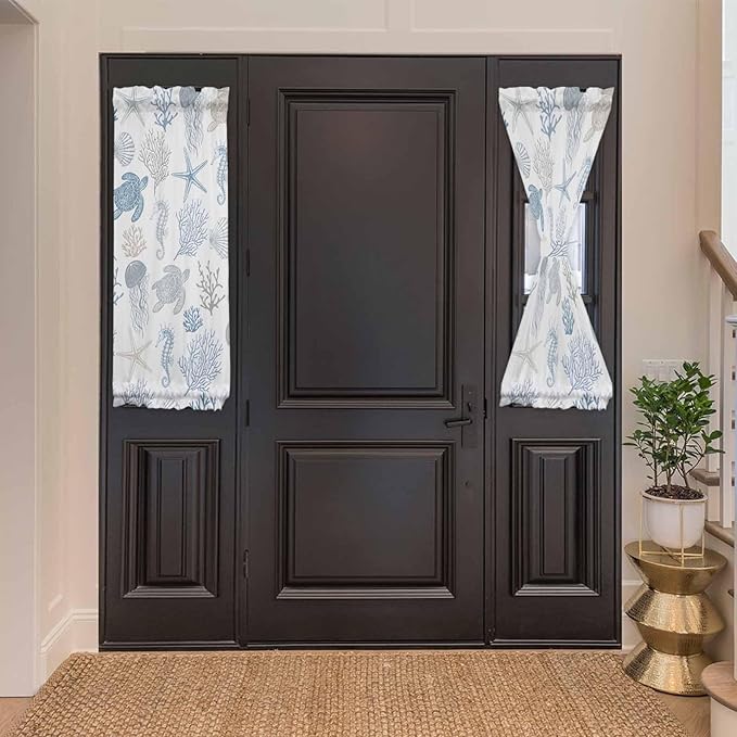 French Door Curtain Panel for Front Door, Summer Marine Life Coral Sea Turtle Shell Jellyfish Slidelight Door Curtains with Tieback Light Filtering Privacy Panels for Doorway Entryway 25"x 40"