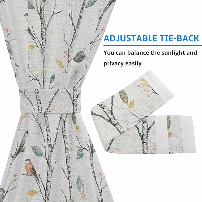 French Door Curtain Panel for Front Door, Retro Leaves Branch Birds Watercolor Painting Slidelight Door Curtains with Tieback Light Filtering Privacy Panels for Doorway Entryway 25"x 40"