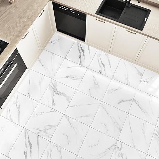 Wallercity 6PCS White Marble Peel and Stick Floor Tiles Waterproof Removable Bathroom Tile Stickers Durable Vinyl Flooring Modern Self Stick Floor Tile Sheets for Bedroom Living Room Kitchen 12''x12''