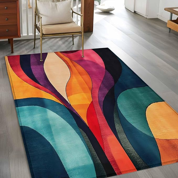 Minimalist Art Area Rugs 2.7'x5', Abstract Yellow Blue Color Block Line Washable Area Rugs Non-Slip Indoor Floor Mats Carpet for Living Room Bedroom Dining Room
