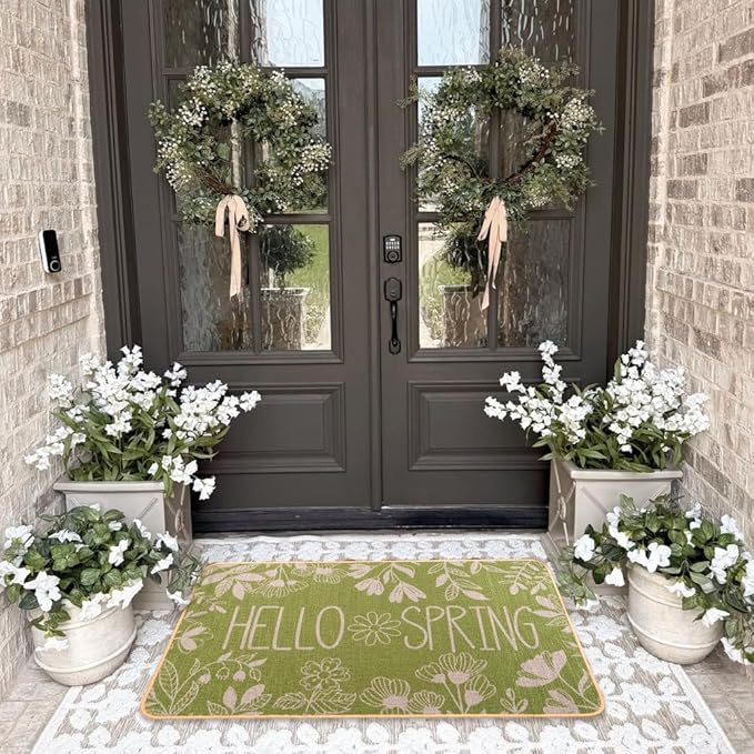 Hello Spring Door Mat Welcome Doormat, Plants Outdoor Rug Leaves Decor Floor Front Door Mat Non-Slip Entrance Mat for Home Kitchen Bathroom Decorations 17 X 29 Inch (Green)