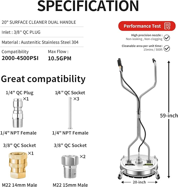 20" Pressure Washer Surface Cleaner Plus with 5 Nozzles Water Broom, Stainless Steel Dual Handle Power Washer Surface Cleaner for Patio Decker Concrete Driveway, 4000 PSI