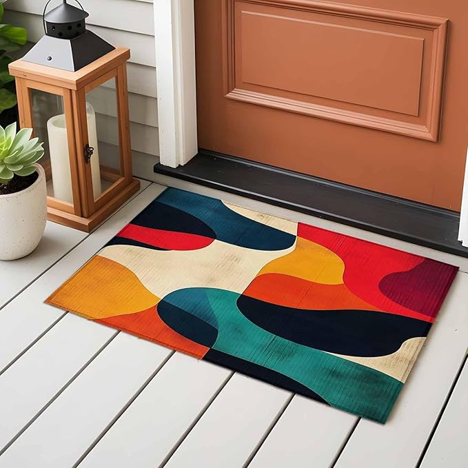 Abstract Art Entryway Rug 2'x3', Impressionist Red Blue Color Block Small Area Rug Non-Slip Front Door Mat Washable Floor Carpet for Indoor Entrance Kitchen Bathroom