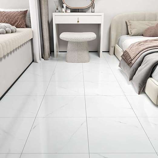Wallercity White Marble Peel and Stick Vinyl Floor Tiles 6-Pack 12x12 Inches Self Adhesive Waterproof Flooring Planks for Bathroom Kitchen Bedrooms Stick on Floor Tiles Laminate Sheets Vinyl Flooring