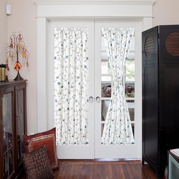 VOGOL Rod Pocket Sliding Door Curtains, Flowers Embroidered Light Filtering Curtain Panels for Door Windows, 1 Piece, 36 x 72 Inches, Blue Floral