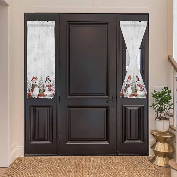 Christmas French Door Curtain Panel for Front Door, Christmas Gray Gradient Winter Falling Snow Snowman Slidelight Door Curtains with Tieback Light Filtering Privacy Panels for Entryway 25"x 40"