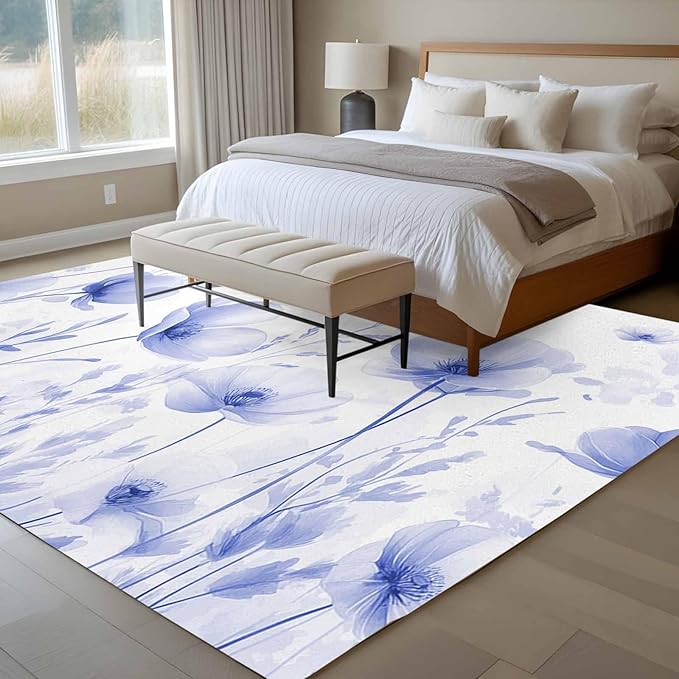Flower 6'x9' Large Area Rugs, Blue Washable Area Rugs Non-Slip Indoor Floor Mats Large Carpet for Living Room Bedroom Dining Room