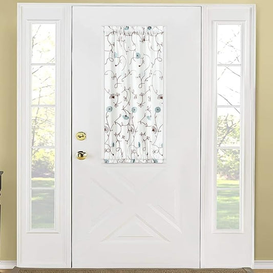VOGOL Sidelight Curtains for Front Door, 40 Inches Long Short Linen Textured French Door Panels, Blue Flowers Embroidery Design for Entry Door, 1 Piece, Rod Pocket