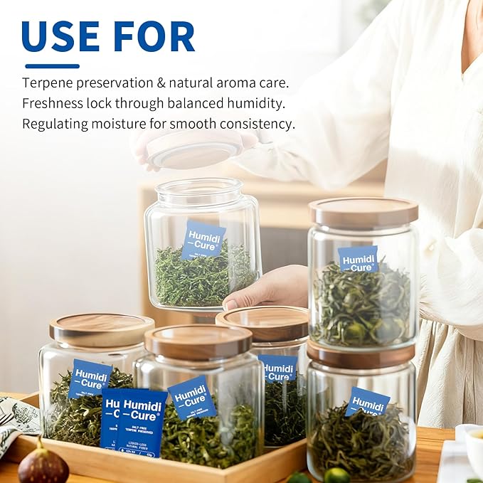 Humidi-Cure 62% RH 2-Way Humidity Packs, Size 1.5g, 20 Packs, Moisture Absorbers for Storing 1/8 oz Herbs, Humidity Control Packs Preserving Aroma and Flavor with Liquidless Plant-Fiber, Salt-Free