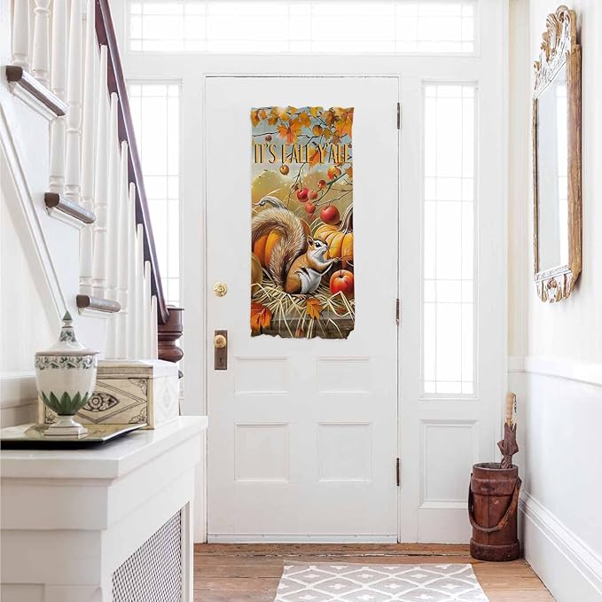 French Door Curtain Panel for Front Door, Apples Pumpkins Maple Squirrel Fall Slidelight Door Curtains with Tieback Light Filtering Privacy Panels for Doorway Entryway 25"x 40"