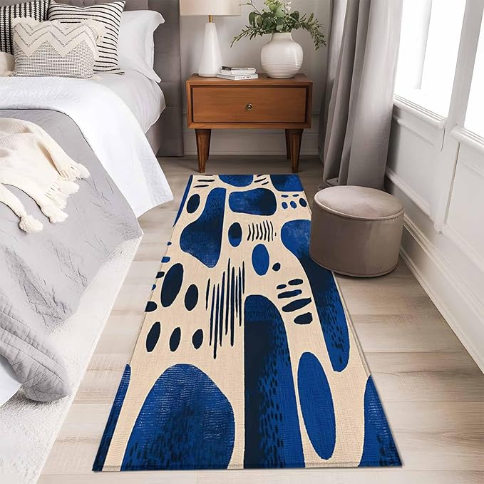 Modernism Runner Rug 2'x6', Blue Black Geometric Abstract Style Hallway Runner Rugs Washable Non-Slip Bedside Floor Mats Carpet for Kitchen Bedroom Laundry Room Bathroom