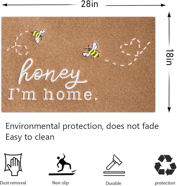 Bee Door Mat Brown Welcome Mats Front Door Indoor Outdoor Entrance Honey I'm Home Kitchen Rugs Entry Outside Doormat Non Slip Durable Rubber Back Funny Farmhouse Mat