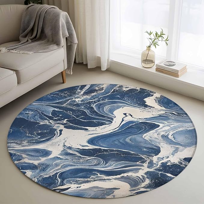 Impressionist Style Round Rug 3.3 Ft, White Blue Blurred Wash Samll Area Rugs Washable Non Slip Indoor Floor Mats Circle Carpet for Living Room Bedroom Dining Room Home