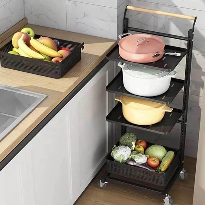 3 Tier Extendable Microwave Rack Stand Shelves for Kitchen Cupboards with Wheels Black Space Saving Kitchen Storage Solution.