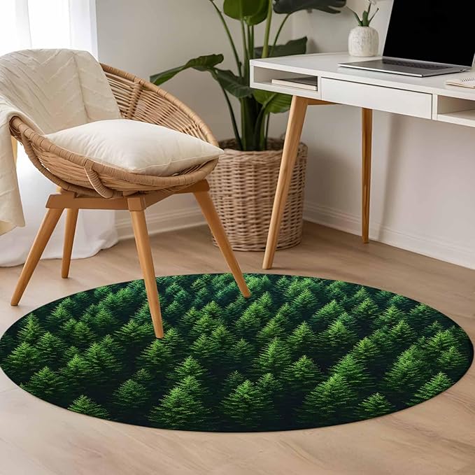 Green Forest Round Rug 4 Ft, Pine Trees Forest Landscape Style Summer Circle Area Rugs Washable Non Slip Indoor Floor Mats Carpet for Living Room Bedroom Dining Room Home Decor