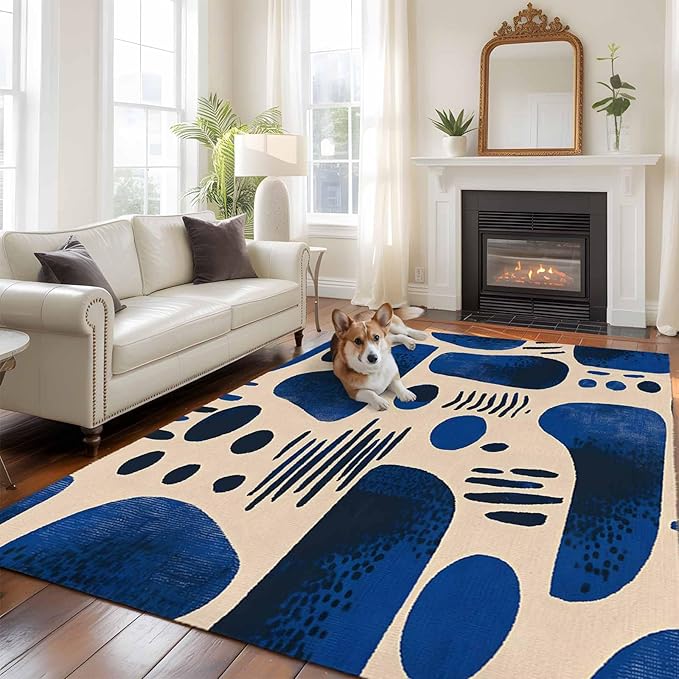 Modernism 6'x9' Large Area Rugs, Blue Black Geometric Abstract Style Washable Area Rugs Non-Slip Indoor Floor Mats Large Carpet for Living Room Bedroom Dining Room