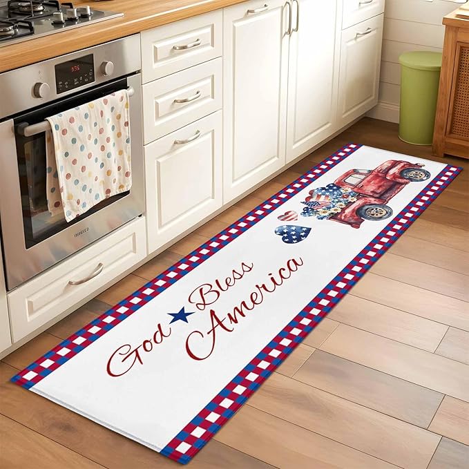 Red Truck USA Flag Stars Runner Rug 2'x6', God Bless America Hallway Runner Rugs Washable Non-Slip Bedside Floor Mats Carpet for Kitchen Bedroom Laundry Room Bathroom