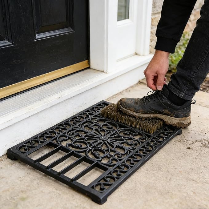 Vintage Cast Iron Door Mat with Rust Brown Shoe Brush - Decorative Floral Pattern Entryway Rug for Outdoor Shoe Cleaning HC5447