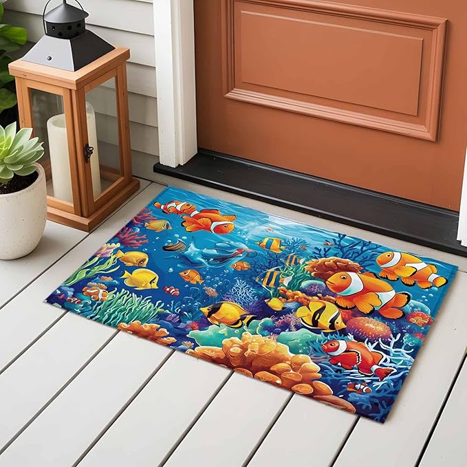 Ocean Marine Entryway Rug 2'x3', Life Fish Coral Seagrass Underwater Coastal Small Area Rug Non-Slip Front Door Mat Washable Floor Carpet for Indoor Entrance Kitchen Bathroom