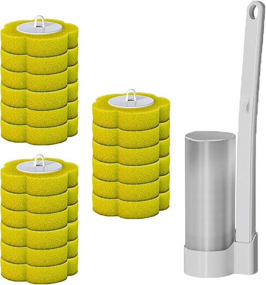 Disposable Toilet Brush and Holder Kit, Wall-Mounted Toilet Cleaning System with 18Pcs Pre-Soaked Cleaner Refills for Bathroom Deep Cleaning (Toilet Brush+18pcs Yellow Replacement Head)