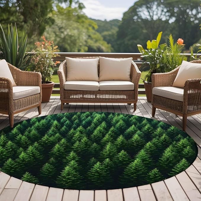 Green Forest Large Round Rug 8Ft, Pine Trees Forest Landscape Style Summer Circle Area Rugs Washable Non Slip Indoor Floor Mats Carpet for Living Room Bedroom Dining Room Home Decor