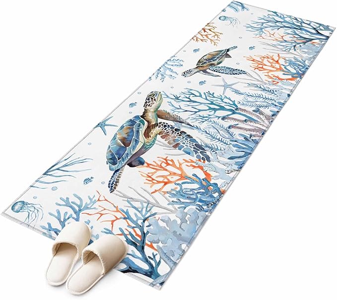 Sea Turtle Runner Rug 2'x6', Seagrass Coral Starfish Hallway Runner Rugs Washable Non-Slip Bedside Floor Mats Carpet for Kitchen Bedroom Laundry Room Bathroom
