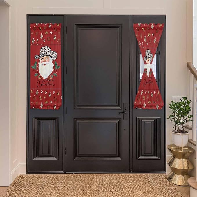 Christmas French Door Curtain Panel for Front Door, Red Leopard Cow Cowboy Hat Santa Claus Slidelight Door Curtains with Tieback Light Filtering Privacy Panels for Doorway Entryway 25"x 40"