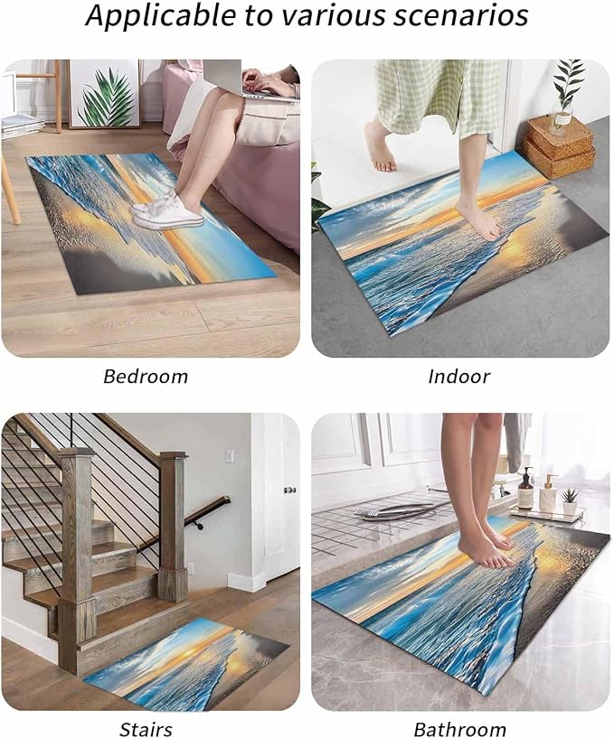Front Door Mat Outdoor, Sunset Beach Absorbent Non Slip Indoor Entry Rug, Spray Ocean Waves Sky Nature Scenery Low-Profile Doormat Washable Rugs for Bathroom, Kitchen, 24x32in