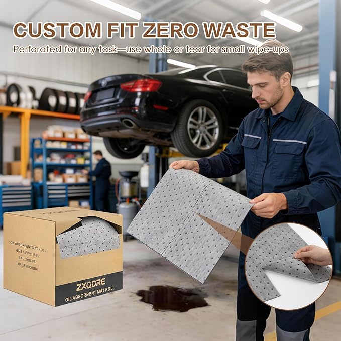 Oil Absorbent Pads Roll 15" x150', 6 oz Heavy Duty Oil Absorbent Mat in a Dispenser Box, Industrial Spill Cleanup Absorbers for Leaks & Drips in Garage Workshop, All-Purpose Maintenance Mat