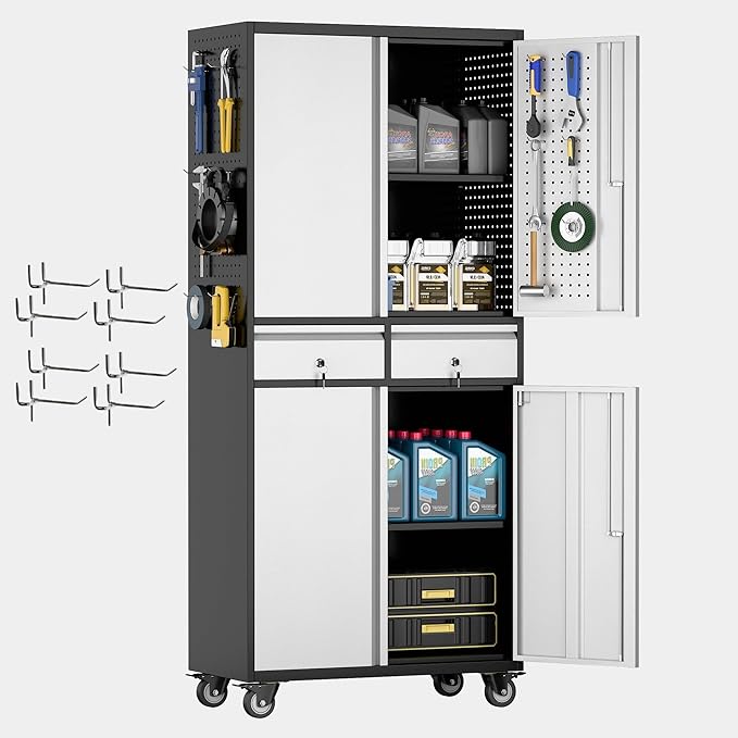 Reemoon Garage Storage Cabinet with Wheels and Doors,71" H Metal Storage Cabinet with Pegboard and 2 Drawers for Garage, Warehouse,Home,Required Assembly,Black and Silver