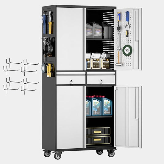 Reemoon Garage Storage Cabinet with Wheels and Doors,71" H Metal Storage Cabinet with Pegboard and 2 Drawers for Garage, Warehouse,Home,Required Assembly,Black and Silver