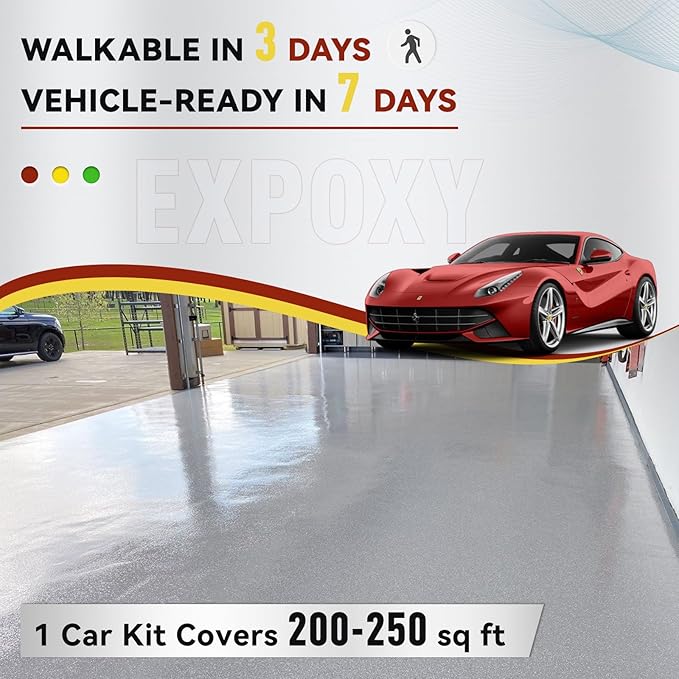 DWIL Garage Floor Epoxy Kit, Garage Floor Paint with Tools, Epoxy Coating for Concrete - High Gloss, Water-based, Low Odor - 1 Car Kit, Light Gray