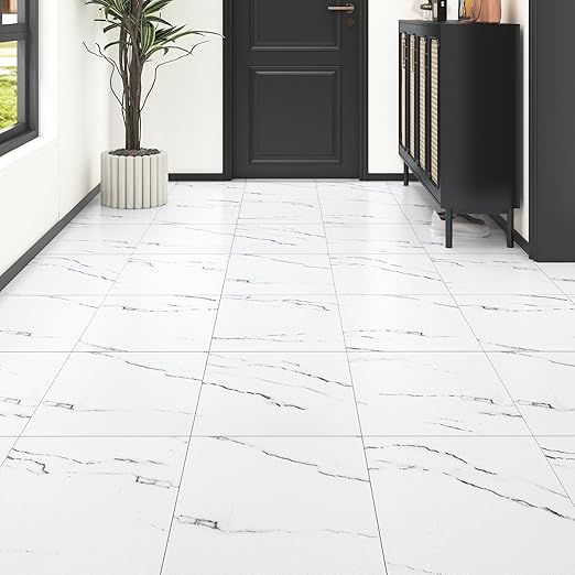Wallercity Bathroom Marble White Peel and Stick Floor Tile Vinyl Flooring Tile for Kitchen 12''x12'' Non-Slip Shower Sheets Stick on Floor Tiles 5PCS Thick Waterproof Marble Tiles for Bedroom Corridor