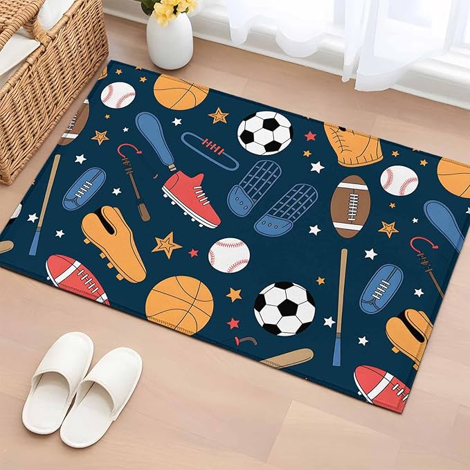 Cartoon Sports Entryway Rug 2'x3', Baseball Soccer Basketball Rugby Sneakers Small Area Rug Non-Slip Front Door Mat Washable Floor Carpet for Indoor Entrance Kitchen Bathroom