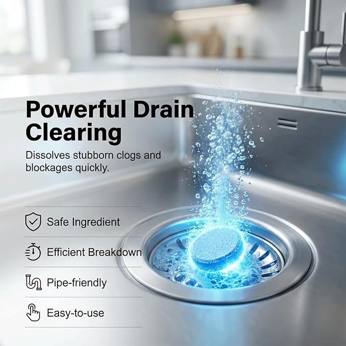 Strong Drain Effervescent Tablet for Kitchen & Bathroom Pipes - Quick-Dissolving Drain Clog Remover, Sink and Drains Cleaner, Deodorizer Remove Odor, For Kitchen, Bathroom Care (24PCS)