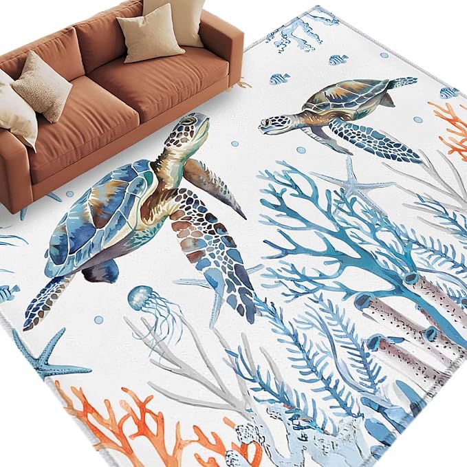 Sea Turtle 8'x10' Large Area Rugs, Seagrass Coral Starfish Washable Area Rugs Non-Slip Indoor Floor Mats Large Carpet for Living Room Bedroom Dining Room