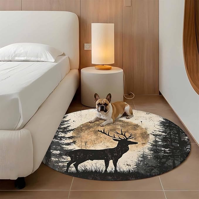 Deer Round Rug 4 Ft, Elk Silhouette Circle Area Rugs Washable Non Slip Indoor Floor Mats Carpet for Living Room Bedroom Dining Room Home Decor
