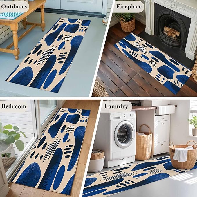 Modernism Runner Rug 2'x6', Blue Black Geometric Abstract Style Hallway Runner Rugs Washable Non-Slip Bedside Floor Mats Carpet for Kitchen Bedroom Laundry Room Bathroom