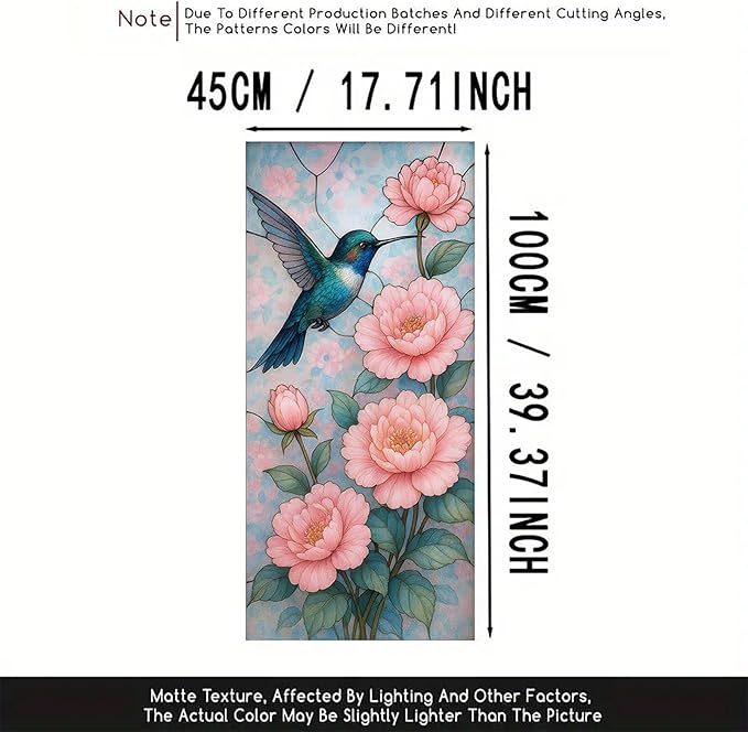 Peony Bird Privacy Film Floral Glass Panel Static Cling No Glue Decorative Cover Light Filtering for Bedroom Door Vanity Room Entryway 17.7x39.3 inch