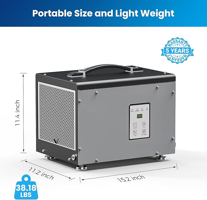 BaseAire Crawlspace Dehumidifier with Pump, Intelligent Dehumidifiers for Commercial, Basement, 70 pints, Compact, Auto Defrost, Memory Starting, Up to 1000 Sq Ft