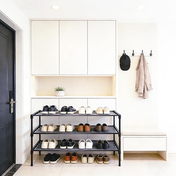 3-Tier Shoe Rack with Shoe Cleaning Brush – Sturdy Entryway Shoe Organizer for 12–15 Pairs, Compact Storage Shelf for Closet, Hallway, Mudroom, Apartment